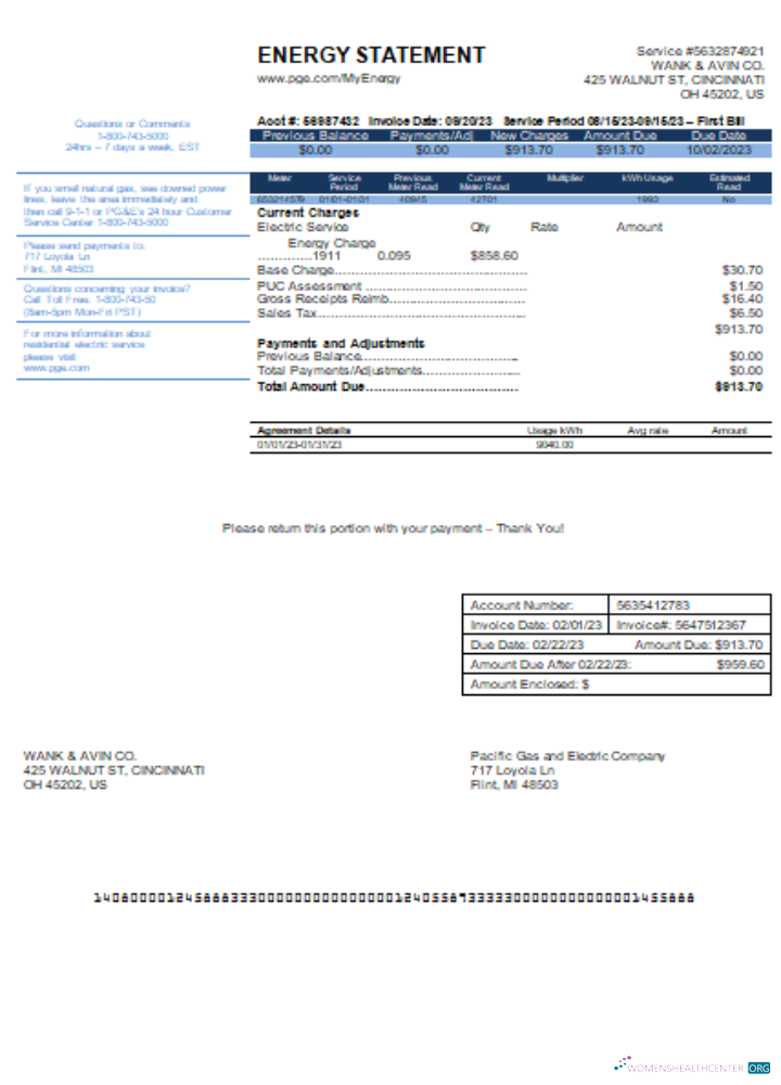 Download California PG&E (Pacific Gas and Electric Company) utility business bill SCR Photoshop template